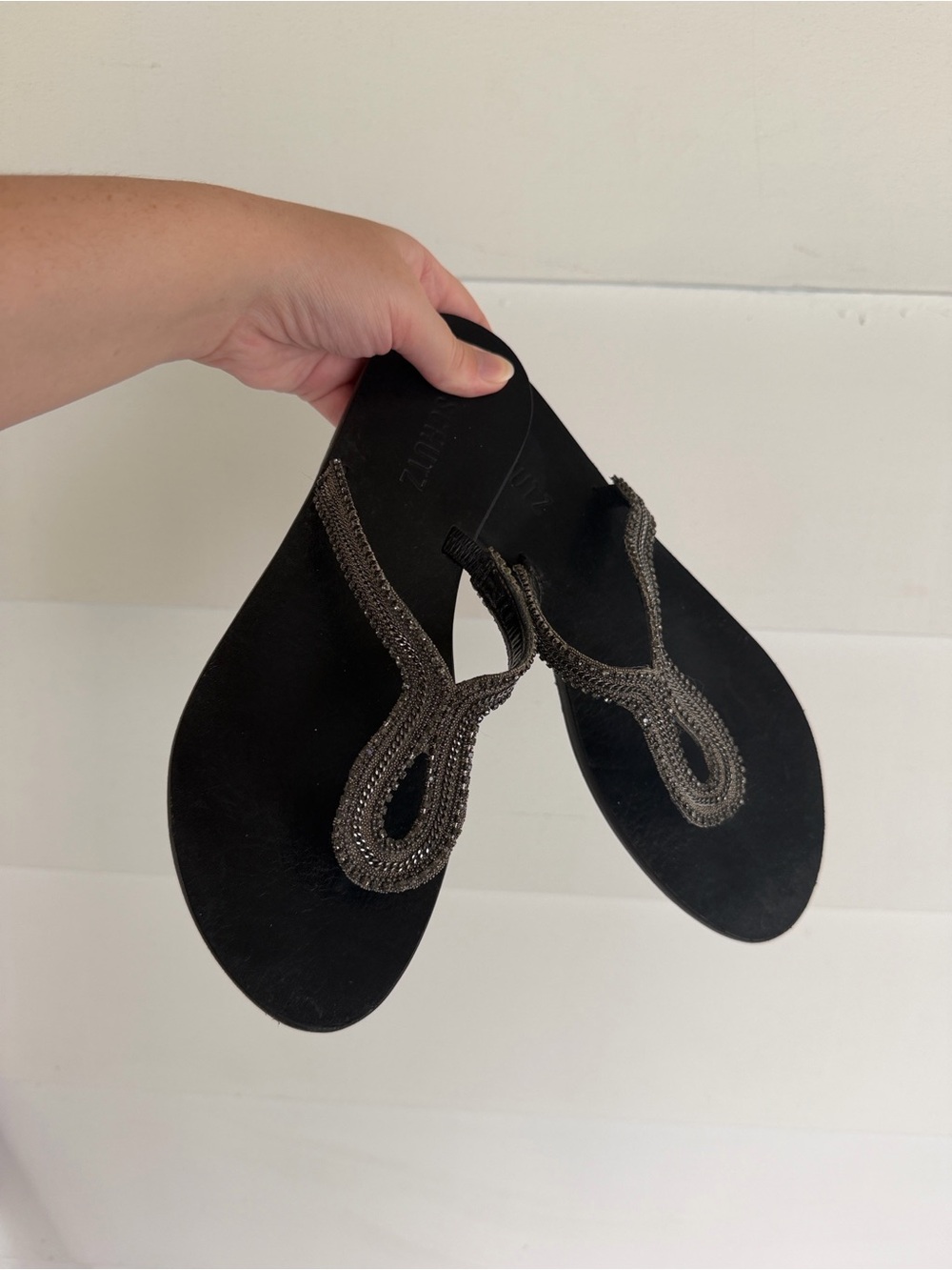 Schutz Black Rhinestone Thong Sandals